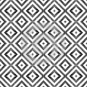 Watercolor geometric rhombus squares seamless pattern. Black stripes on white background