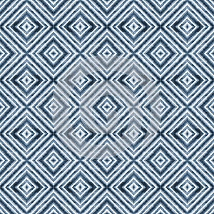 Watercolor geometric rhombus squares seamless pattern. Blue navy stripes on white background