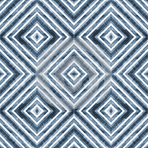 Watercolor geometric rhombus squares seamless pattern. Blue stripes on white background