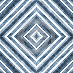Watercolor geometric rhombus squares seamless pattern. Indigo blue stripes on white background