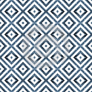 Watercolor geometric rhombus squares seamless pattern. Indigo blue stripes on white background