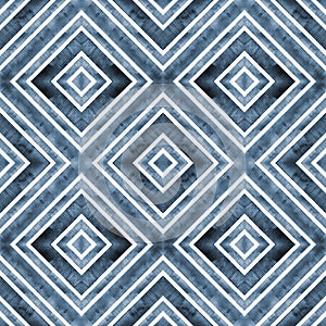 Watercolor geometric rhombus squares seamless pattern. Indigo blue stripes on white background