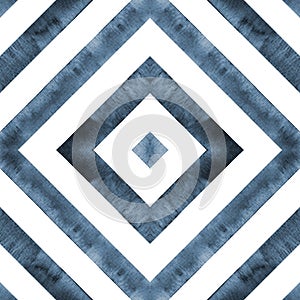 Watercolor geometric rhombus squares seamless pattern. Indigo blue stripes on white background