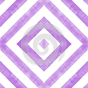 Watercolor geometric rhombus squares seamless pattern. Purple stripes on white background