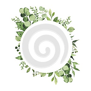 Watercolor geometrical round frame with greenery leaves branch twig plant herb flora isolated