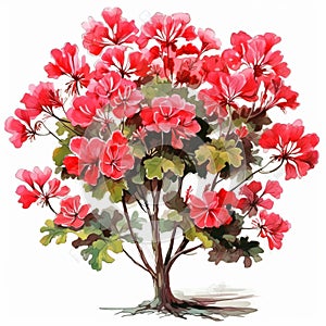 Watercolor Geranium Tree Illustration: Dark Pink And Red Floral Art photo