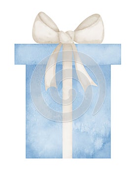 Watercolor Gift Box with ribbon in blue and beige pastel colors. Hand drawn illustration of Present for happy Birthday