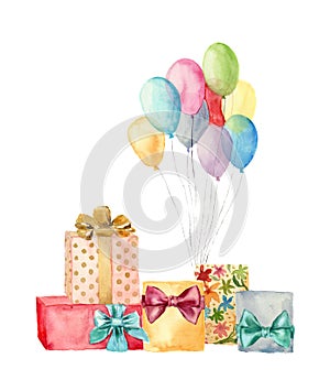 Watercolor gift boxes with bow and air balloons. Hand painted illustration of blue, pink, yellow, purple balloons and