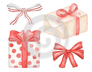 Watercolor gift boxes set. Hand painted boxes wrapped in white dotted and craft paper with red ribbon bows isolated on