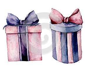 Watercolor giftboxes set. Hand painted pink and violet gift box with ribbon isolated on white background. Holiday