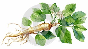 Watercolor Ginseng Root Leaves Vector Illustration