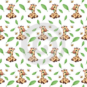 Watercolor Giraffe seamless pattern, Cute wild animals repeating background, tropical scrapbook paper, green leaves pattern