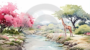 Watercolor Giraffe And Trees In Spring Nature Scene