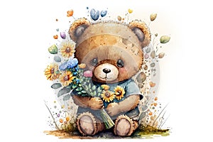 Watercolor Girl Bear Illustration Holding a Bouquet of Flowers. Generative AI