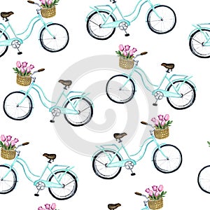 Watercolor girl bicycle seamless pattern