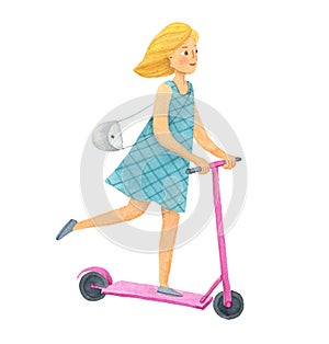 Watercolor girl in blue dress rides a scooter. watercolor isolated illustration