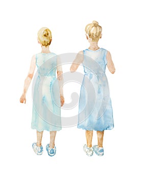 Watercolor girl in blue dress and sneackers standing back to watcher. Two options with different poses, isolated on white