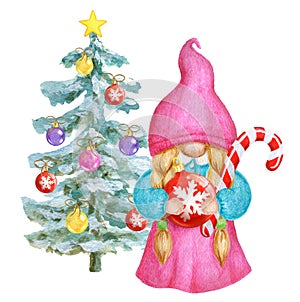 Watercolor girl Gnome with Christmas Tree and striped candy cane. Holidays aquarelle little woman gnome for New year greetings