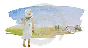 Watercolor girl going home with collected flowers on field , summer village rural illustration on white background