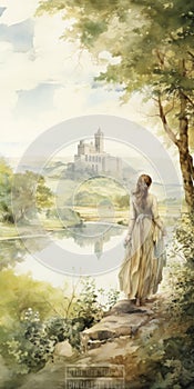 Watercolor Girl By The Lake With Castle: Realistic Fantasy Painting