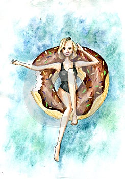 Watercolor girl swiming on a donut