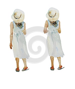 Watercolor girl in white dress , hat and slippers standing back to watcher. Two options with different poses, isolated on white