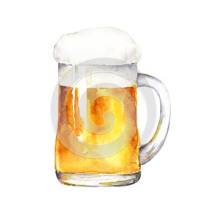 Watercolor glass of beer with foam. Isolated object