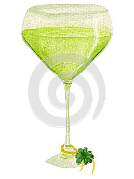 Watercolor glass with cocktail for irish party, isolated on a white background. For cards, menu for st. Patrick's