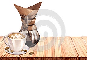 Watercolor glass coffee glass maker with cup hot latte cappuccino with froth heart of milk on wood table. Hand-drawn