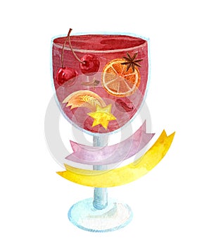 Watercolor glass colored goblet isolated on white background. Christmas mulled wine with ribbons and place for text