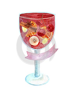 Watercolor glass colored goblet. Cherry drink with fruit in a glass for a holiday card. New Year's