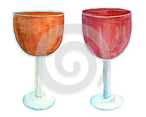 Watercolor glass colored goblets isolated on white background. Orange and red drink in a glass for a ceremonial illustration