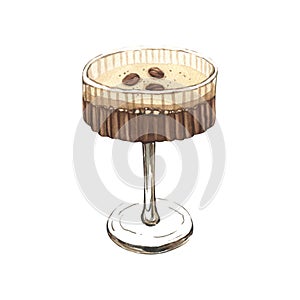 Watercolor glass of espresso martini with coffee grain. Hand-drawn illustration isolated on white background. Perfect