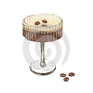 Watercolor glass of espresso martini with coffee grain. Hand-drawn illustration isolated on white background. Perfect