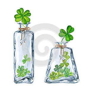 Watercolor with glass and green shamrocks. Design of a bright illustration for St. Patrick's Day, magic, wishes of