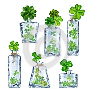 Watercolor with glass and green shamrocks. Design of a bright illustration for St. Patrick's Day, magic, wishes of