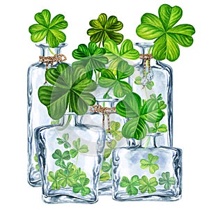 Watercolor with glass and green shamrocks. Design of a bright illustration for St. Patrick's Day, magic, wishes of