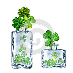 Watercolor with glass and green shamrocks. Design of a bright illustration for St. Patrick's Day, magic, wishes of