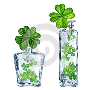 Watercolor with glass and green shamrocks. Design of a bright illustration for St. Patrick's Day, magic, wishes of