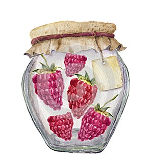 Watercolor glass jar for jam with label for an inscription and raspberries. Illustration isolated on white background