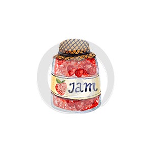 Watercolor glass jar of strawberry jam. Illustration isolated on white. Hand drawn juicy sweet dessert