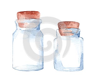 Watercolor glass jars with cork lids isolated on white background