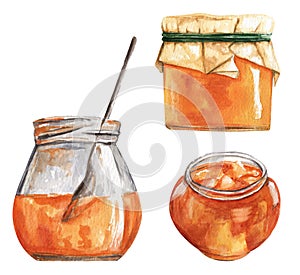 Watercolor glass jars with jam isolated on white background