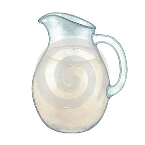 Watercolor glass jug of milk isolated on the white background