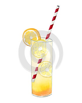 Watercolor glass of lemonade with lemon slices and red striped straw hand drawn illustration