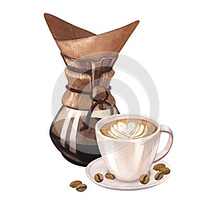 Watercolor glass original coffee glass maker with cup hot latte cappuccino with froth heart of milk. Hand-drawn