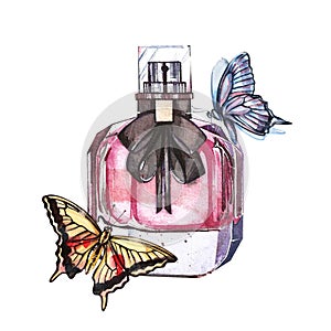 Watercolor glass perfume bottle with butterflie, art print wall art. Fashion drawing, sketch, illustration. Stylish