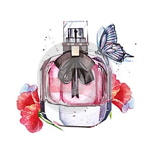 Watercolor glass perfume bottle with butterflie and flowers, art print wall art. Fashion drawing, sketch, illustration