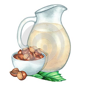 Watercolor glass pitcher of the plant based milk decorated with the bowl of hazelnuts and leaves