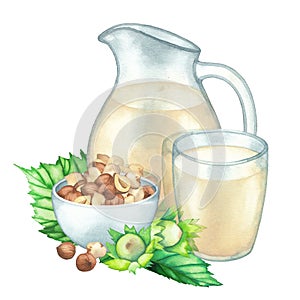 Watercolor glass and pitcher of the plant based milk decorated with the bowl of hazelnuts and leaves